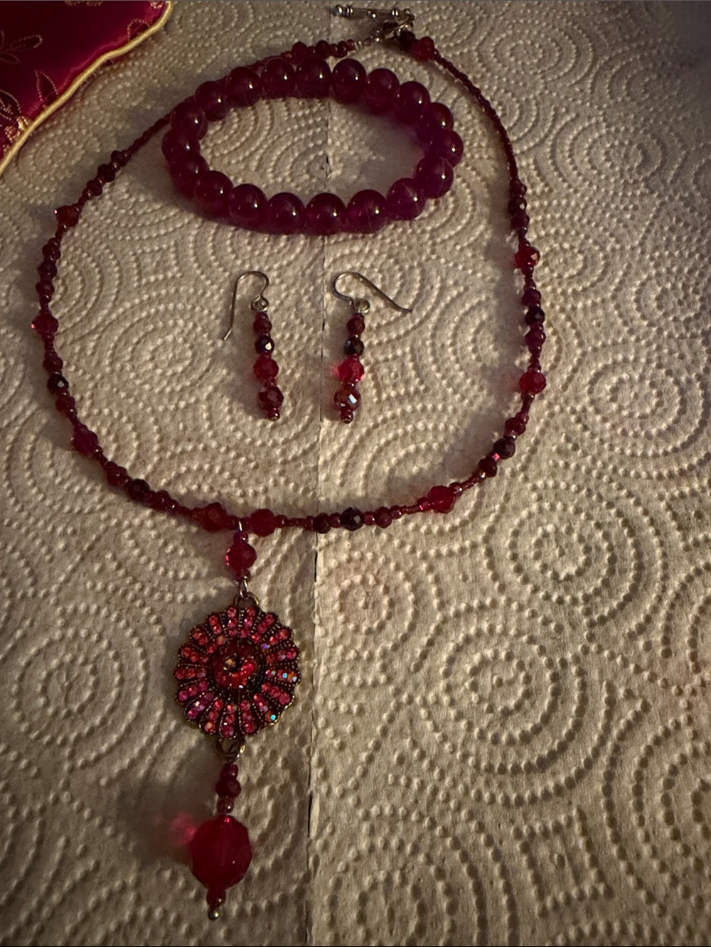 Red Beaded Crystal Pendant Necklace and Earring Set and bracelet set
